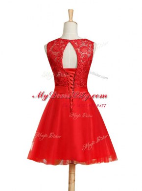 Mini Length Red Prom Gown Scoop Sleeveless Lace Up