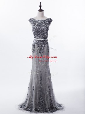 Romantic Mermaid Lace Grey Prom Gown Prom and Party and For with Beading Scoop Sleeveless Brush Train Zipper