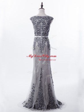 Romantic Mermaid Lace Grey Prom Gown Prom and Party and For with Beading Scoop Sleeveless Brush Train Zipper