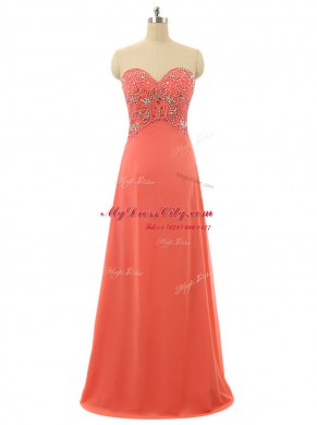 Ideal Watermelon Red Sleeveless Floor Length Beading Lace Up Evening Dress