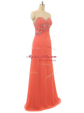 Ideal Watermelon Red Sleeveless Floor Length Beading Lace Up Evening Dress