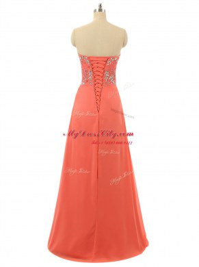 Ideal Watermelon Red Sleeveless Floor Length Beading Lace Up Evening Dress