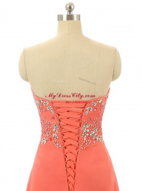 Ideal Watermelon Red Sleeveless Floor Length Beading Lace Up Evening Dress