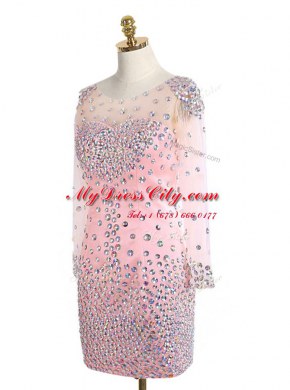 Shining Pink Scoop Neckline Beading Homecoming Dress Long Sleeves Zipper