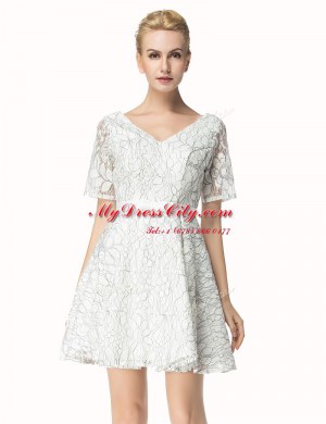 High End Short Sleeves Lace Mini Length Zipper Prom Evening Gown in White with Sashes ribbons