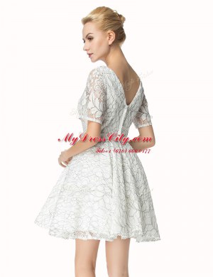 High End Short Sleeves Lace Mini Length Zipper Prom Evening Gown in White with Sashes ribbons