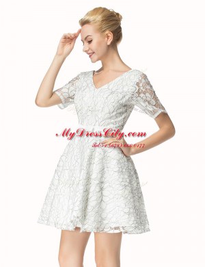 High End Short Sleeves Lace Mini Length Zipper Prom Evening Gown in White with Sashes ribbons