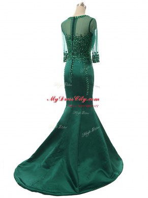 Classical Mermaid Scoop Satin 3 4 Length Sleeve Prom Evening Gown Brush Train and Beading