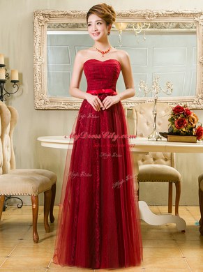 Deluxe Lace Red Sleeveless Belt Floor Length Prom Evening Gown