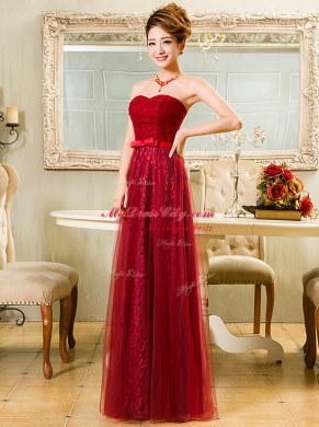 Deluxe Lace Red Sleeveless Belt Floor Length Prom Evening Gown