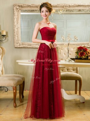 Deluxe Lace Red Sleeveless Belt Floor Length Prom Evening Gown
