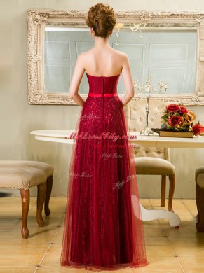 Deluxe Lace Red Sleeveless Belt Floor Length Prom Evening Gown