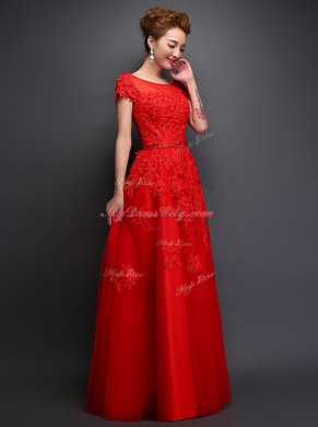 Red Tulle Lace Up Scoop Cap Sleeves Floor Length Prom Evening Gown Beading and Appliques