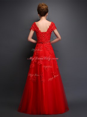 Red Tulle Lace Up Scoop Cap Sleeves Floor Length Prom Evening Gown Beading and Appliques