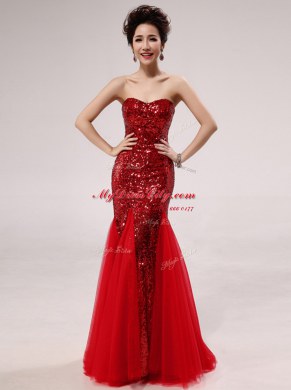Sumptuous Mermaid Red Zipper Sweetheart Sequins Homecoming Dress Satin and Tulle Sleeveless