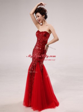 Sumptuous Mermaid Red Zipper Sweetheart Sequins Homecoming Dress Satin and Tulle Sleeveless