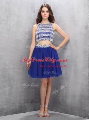 Scoop Backless Knee Length Royal Blue Prom Party Dress Organza Sleeveless Beading