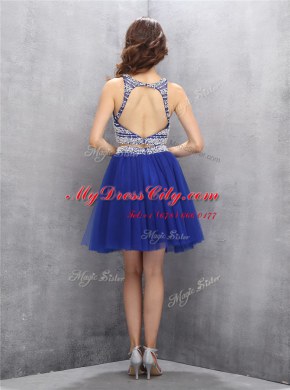 Scoop Backless Knee Length Royal Blue Prom Party Dress Organza Sleeveless Beading