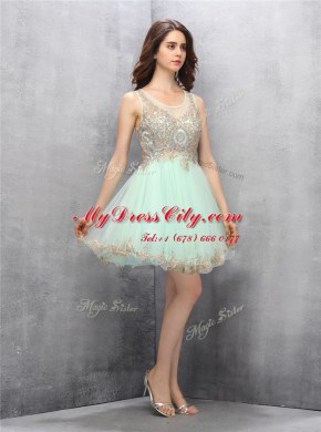 Stylish Apple Green Zipper Scoop Appliques Prom Dresses Tulle Sleeveless