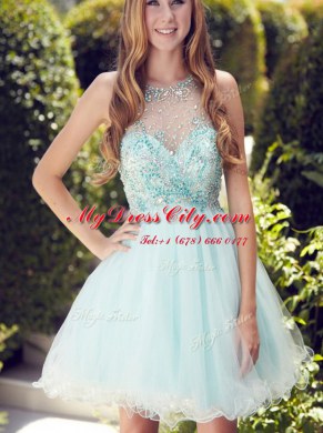 Delicate Scoop Light Blue A-line Beading and Ruching Prom Dress Zipper Organza Sleeveless Mini Length