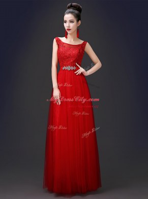 Latest Scoop Red Zipper Dress for Prom Appliques Sleeveless Floor Length