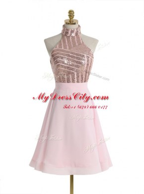 Romantic Baby Pink Prom Gown Prom and For with Sequins Halter Top Sleeveless Backless