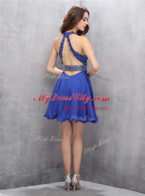 Lovely Mini Length Backless Royal Blue for Prom with Beading and Belt