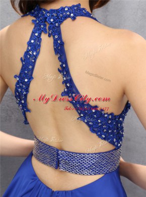 Lovely Mini Length Backless Royal Blue for Prom with Beading and Belt