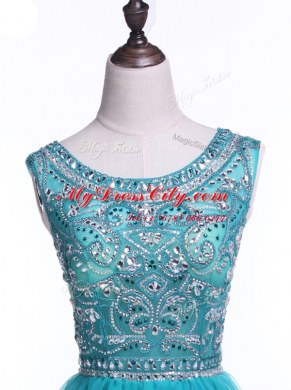 Sequins A-line Prom Dress Teal Scoop Tulle Sleeveless Mini Length Zipper