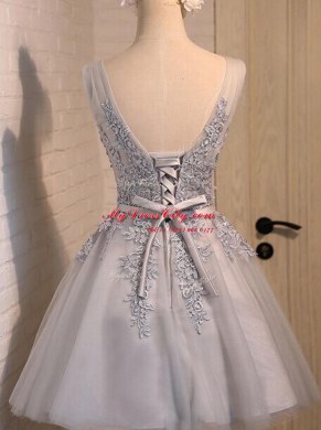 Dazzling Grey Organza Lace Up V-neck Sleeveless Mini Length Prom Dress Beading and Appliques