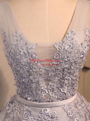 Dazzling Grey Organza Lace Up V-neck Sleeveless Mini Length Prom Dress Beading and Appliques