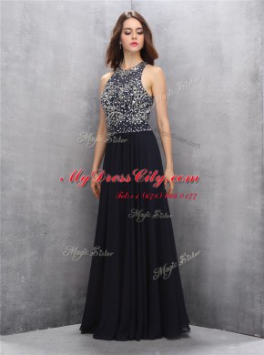 Glamorous Halter Top Black Chiffon Backless Homecoming Dress Sleeveless Floor Length Beading