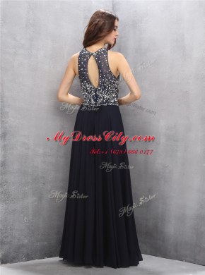 Glamorous Halter Top Black Chiffon Backless Homecoming Dress Sleeveless Floor Length Beading