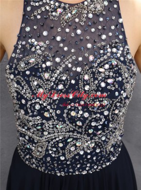 Glamorous Halter Top Black Chiffon Backless Homecoming Dress Sleeveless Floor Length Beading