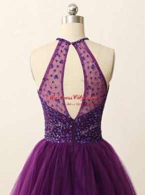 Halter Top Purple Sleeveless Mini Length Beading and Sequins Zipper Party Dress