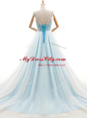 Scoop Light Blue A-line Beading Pageant Dress Wholesale Lace Up Tulle Sleeveless With Train