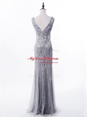 Sequins Brush Train Mermaid Prom Gown Grey Square Satin and Tulle Sleeveless Zipper
