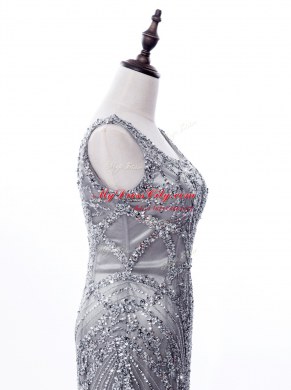 Sequins Brush Train Mermaid Prom Gown Grey Square Satin and Tulle Sleeveless Zipper