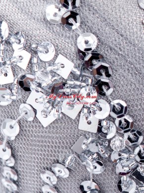 Sequins Brush Train Mermaid Prom Gown Grey Square Satin and Tulle Sleeveless Zipper