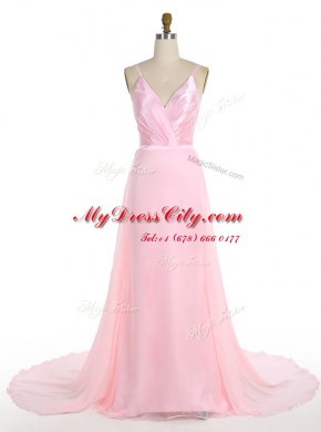 Mermaid Spaghetti Straps Sleeveless Sweep Train Zipper Prom Gown Pink Chiffon