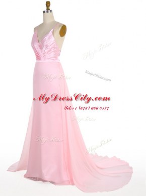 Mermaid Spaghetti Straps Sleeveless Sweep Train Zipper Prom Gown Pink Chiffon