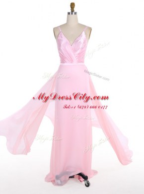 Mermaid Spaghetti Straps Sleeveless Sweep Train Zipper Prom Gown Pink Chiffon
