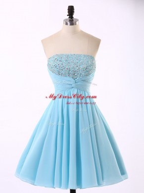 Attractive Sequins Strapless Sleeveless Zipper Prom Dress Blue Chiffon