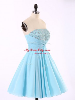 Attractive Sequins Strapless Sleeveless Zipper Prom Dress Blue Chiffon