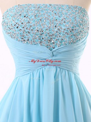 Attractive Sequins Strapless Sleeveless Zipper Prom Dress Blue Chiffon