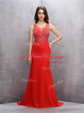 Shining Mermaid Scoop Sleeveless Chiffon With Brush Train Zipper Prom Dress in Red with Beading and Sequins