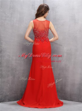 Shining Mermaid Scoop Sleeveless Chiffon With Brush Train Zipper Prom Dress in Red with Beading and Sequins