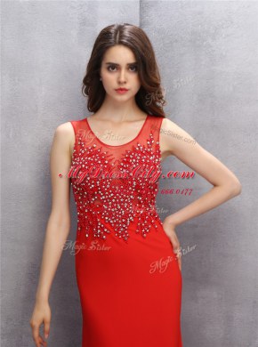 Shining Mermaid Scoop Sleeveless Chiffon With Brush Train Zipper Prom Dress in Red with Beading and Sequins