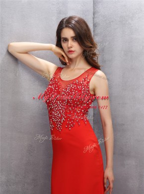 Shining Mermaid Scoop Sleeveless Chiffon With Brush Train Zipper Prom Dress in Red with Beading and Sequins