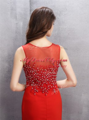 Shining Mermaid Scoop Sleeveless Chiffon With Brush Train Zipper Prom Dress in Red with Beading and Sequins